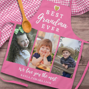 Best Grandma Ever Grandkids 3 Photo Collage Pink Apron