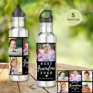 Best Grandma Ever Grandkids 5 Photo Collage Black  710 Ml Water Bottle