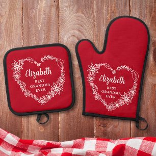 Best Grandma Ever Personalised Red Oven Mitt & Pot Holder Set