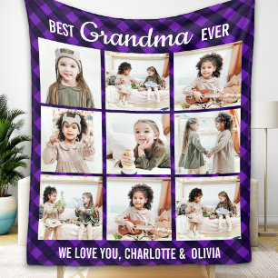 Best Grandma Ever Plaid Custom 9 Photo Grandmother Fleece Blanket