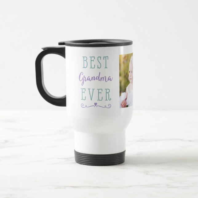 Best Grandma Ever Purple Teal Custom Photo Travel Mug (Left)