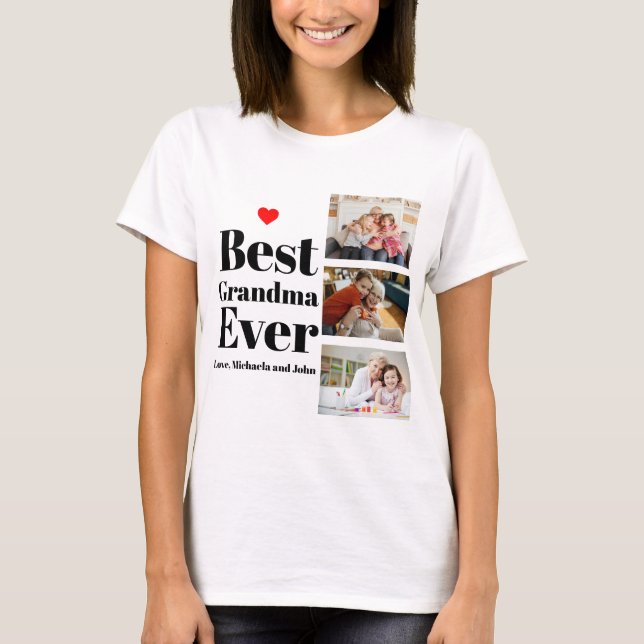 Best Grandma Ever Red Heart 3 Photos Collage T-Shirt (Front)