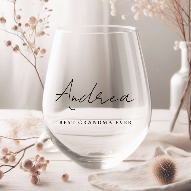 Best Grandma Ever Script Monogram Stemless Wine Glass (Creator Uploaded)