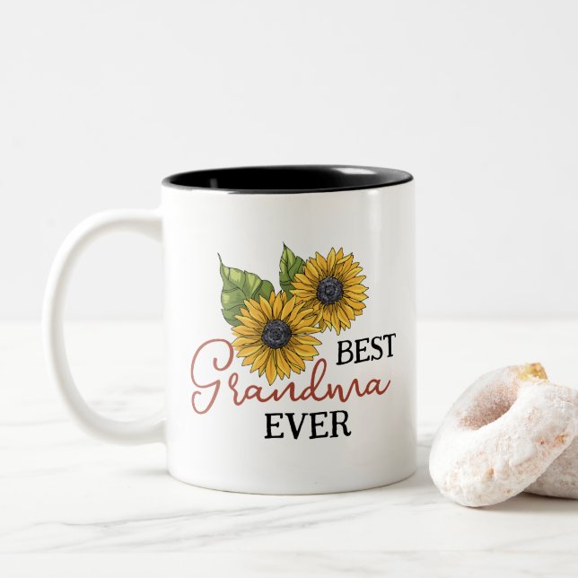 Best Grandma Ever Sunflower Floral Personalised Two-Tone Coffee Mug (With Donut)