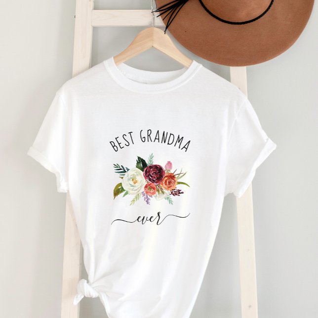 Best Grandma Ever | Trendy Burgundy Boho Floral T-Shirt (Creator Uploaded)