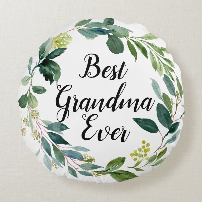 Best Grandma Ever Watercolor Foliage Wreath Photo  Round Cushion (Front)