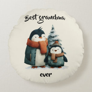 Best Grandma Ever Winter Penguins Round Cushion