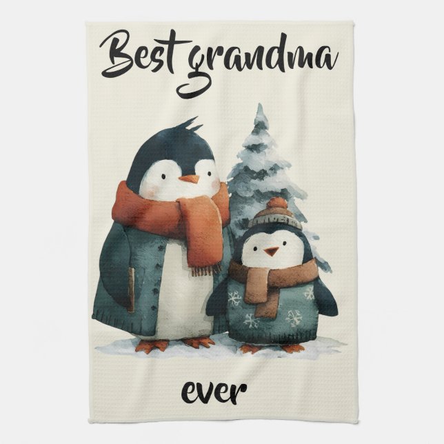 Best Grandma Ever Winter Penguins Tea Towel (Vertical)