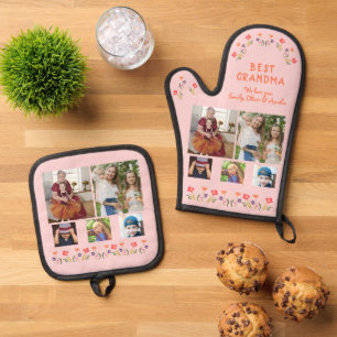 Best Grandma Flowers 5 Photo Collage Keepsake Oven Mitt & Pot Holder Set