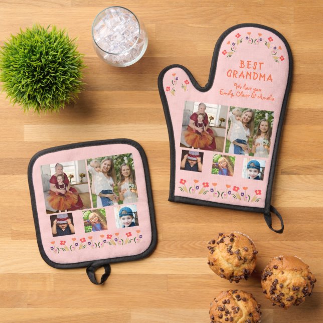 Best Grandma Flowers 5 Photo Collage Keepsake  Oven Mitt & Pot Holder Set (Top Down)