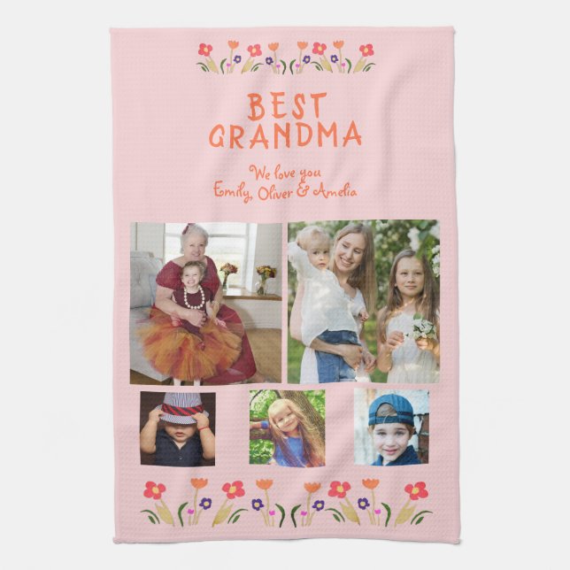 Best Grandma Flowers 5 Photo Collage Keepsake  Tea Towel (Vertical)