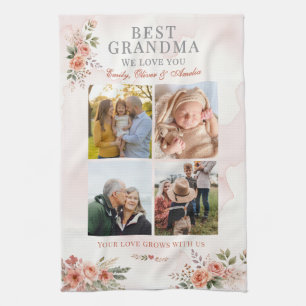 Best Grandma We Love You Photo Collage Floral Tea Towel