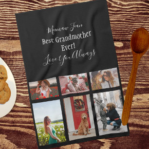 Best Grandmother Ever 6 Photo Collage White Script Tea Towel