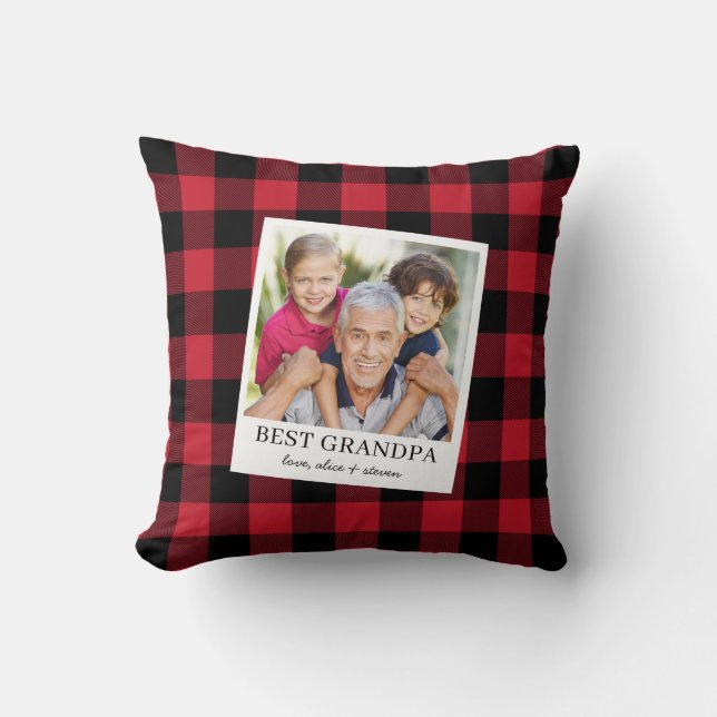 Best Grandpa Black and Red Plaid Photo Cushion (Front)