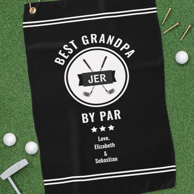 Best Grandpa By Par Black and White Monogram  Golf Towel (Best Grandpa By Par Modern Golfer Golf Lover Black Golf Towel)