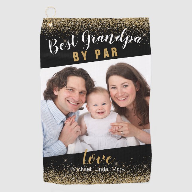 Best Grandpa By Par Family Photo Gold Sparkle Name Golf Towel (Front)