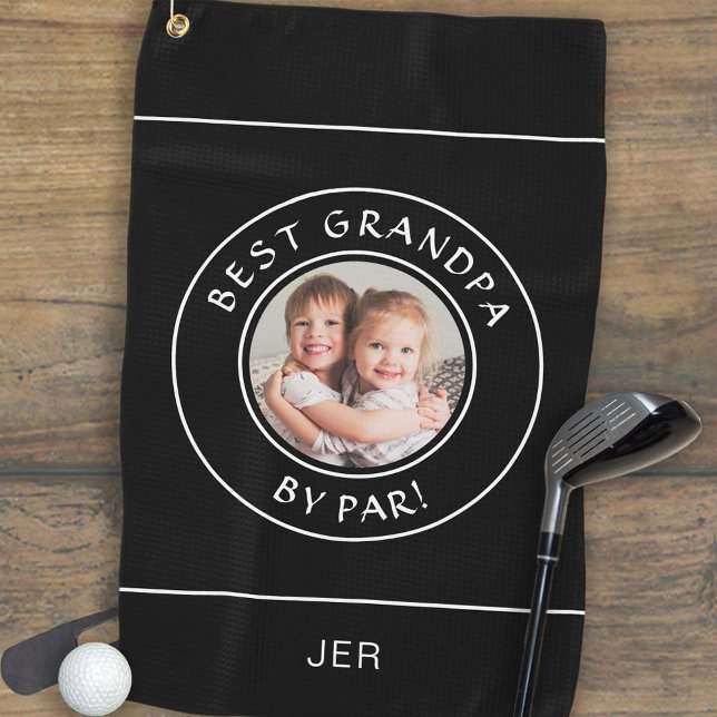 Best Grandpa By Par Golfer Modern Photo Gift Black Golf Towel (Best Grandpa By Par Golfer Modern Photo Gift Black & White Golf Towel)
