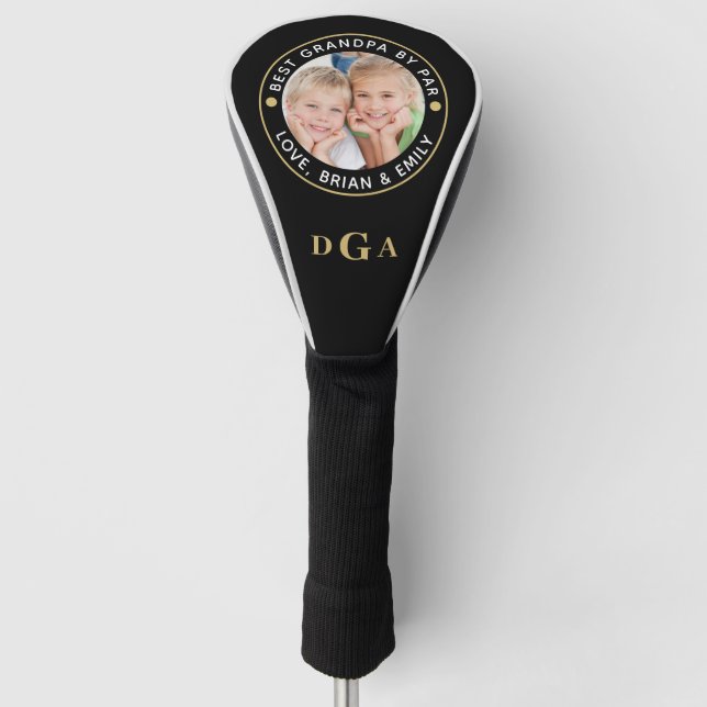 BEST GRANDPA BY PAR Photo Monogram Black Gold Golf Golf Head Cover (Front)