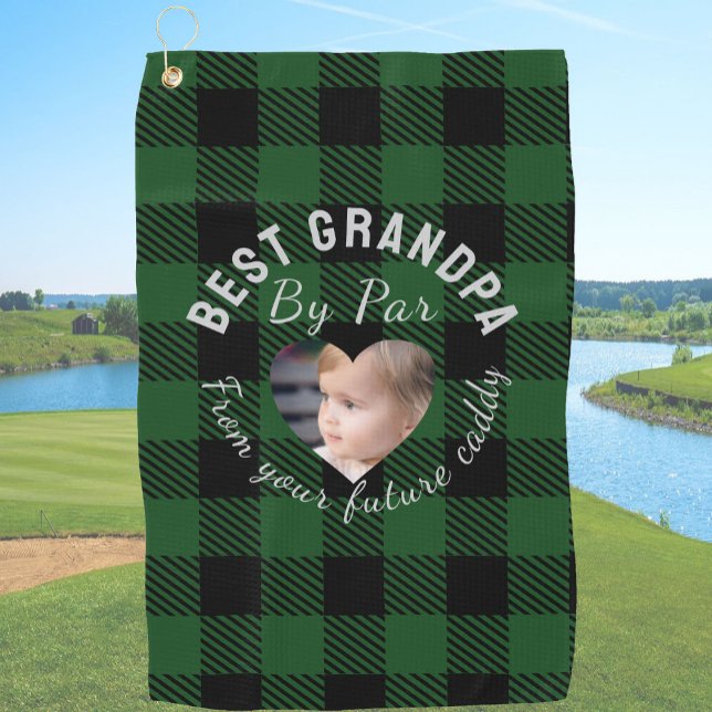 Best Grandpa Custom Kids Photo Green Buffalo Plaid Golf Towel (Creator Uploaded)
