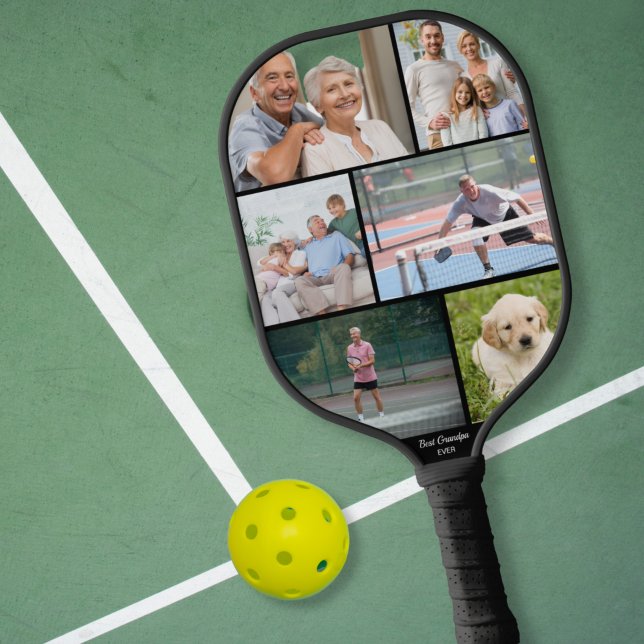Best Grandpa Dad Ever Photo Collage Black Pickleball Paddle (Creator Uploaded)