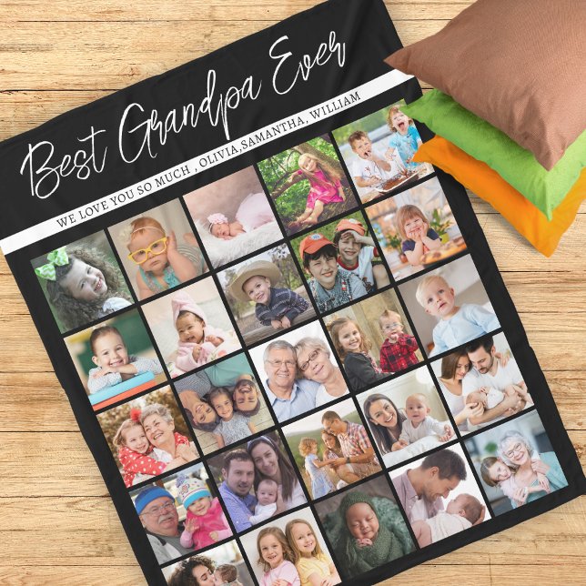 Best Grandpa Ever 25 Photo Collage Black And White Fleece Blanket (Creator Uploaded)