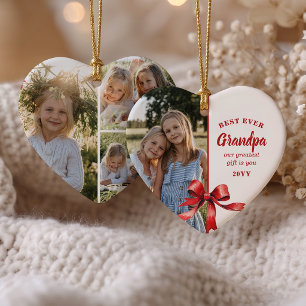 Best Grandpa Ever 4 Photo Red Bow Heart Christmas Ceramic Tree Decoration