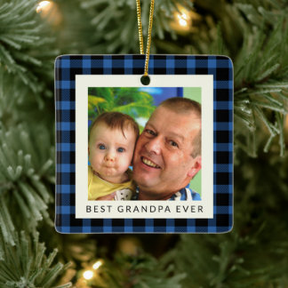 Best Grandpa Ever Buffalo Plaid Photo Christmas Ceramic Ornament
