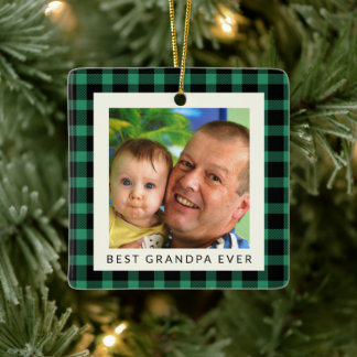 Best Grandpa Ever Buffalo Plaid Photo Christmas Ceramic Ornament