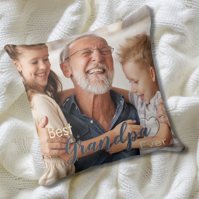Best Grandpa Ever Denim Blue Two Photos Cushion (Creator Uploaded)