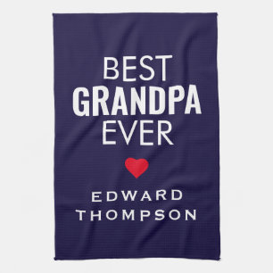 Best Grandpa Ever Heart Name White Navy Tea Towel