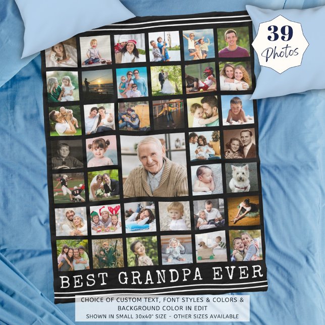 BEST GRANDPA EVER Photo Collage Black Fleece Blanket (Creator Uploaded)