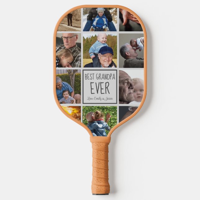 Best grandpa ever photo collage text tan pickleball paddle (Front)
