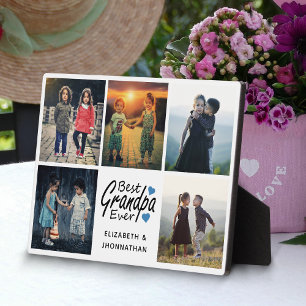 Best Grandpa Ever Script Blue Heart Photo Collage Plaque