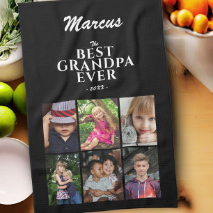 Best Grandpa Family Keepsake 6 Photo Collage Black Tea Towel