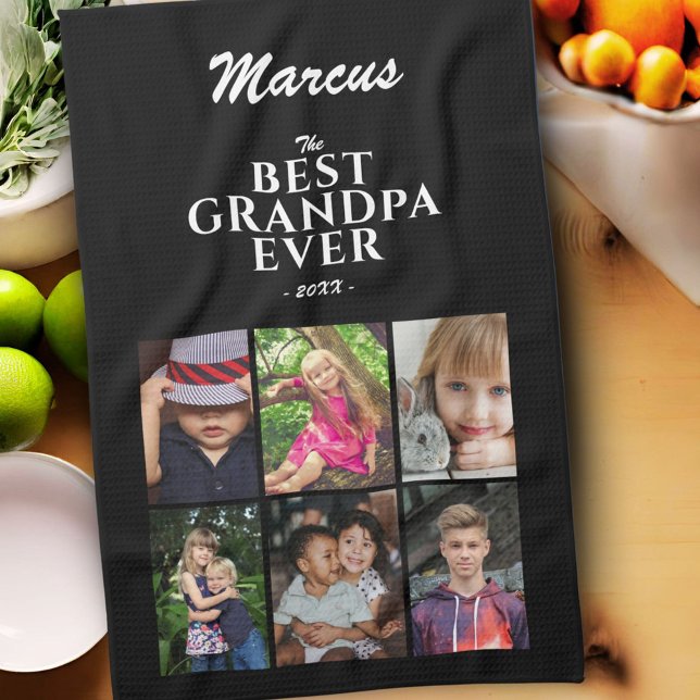 Best Grandpa Family Keepsake 6 Photo Collage Black Tea Towel (Creator Uploaded)