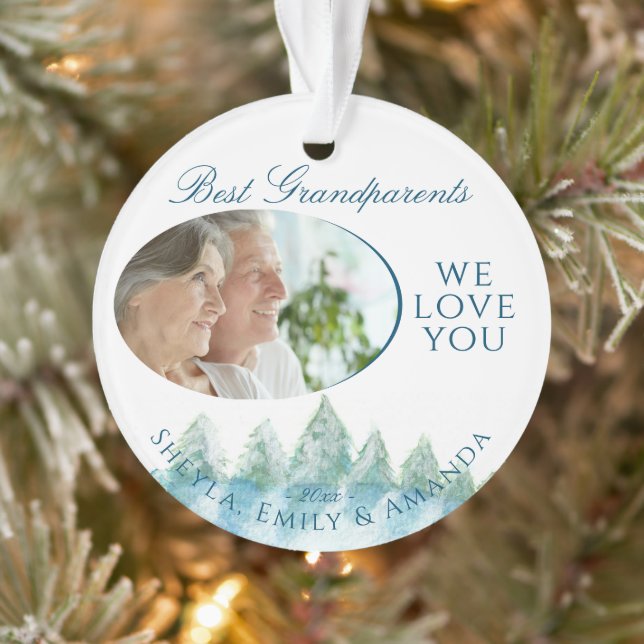 Best Grandparents Winter Forest Watercolor Photo Ornament (Tree)