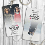 Best Granny Ever Grandma Handwritten Script Photo Key Ring<br><div class="desc">Show Grandma Your Love with Our Best Granny Ever Grandma Handwritten Script Photo Keychain! This charming keychain features the loving quote "Best Granny Ever" with a cute hot pink heart icon beside it. Below the quote, personalise it with the names of the grandkids. On either side of the script quote,...</div>