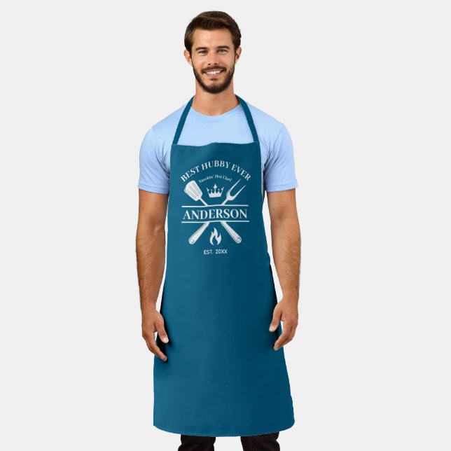 Best Hubby Ever BBQ King Personalised Couples Gift Apron (Worn)