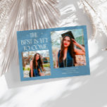 Best Is Yet To Come Denim Blue Grad Photo Announcement<br><div class="desc">Modern and whimsical graduation announcement photo card featuring2 photos on the front and 1 on the back. The text says "The Best Is Yet To Come" with twinkling stars. Add the graduate's name,  information,  and message to personalize this card. Denim blue color.</div>