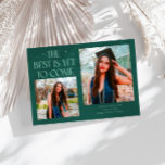 Best Is Yet To Come Green Grad Photo Announcement<br><div class="desc">Modern and whimsical graduation announcement photo card featuring2 photos on the front and 1 on the back. The text says "The Best Is Yet To Come" with twinkling stars. Add the graduate's name,  information,  and message to personalize this card. Green color.</div>