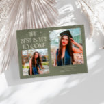 Best Is Yet To Come Sage Green Grad Photo Announcement<br><div class="desc">Modern and whimsical graduation announcement photo card featuring2 photos on the front and 1 on the back. The text says "The Best Is Yet To Come" with twinkling stars. Add the graduate's name,  information,  and message to personalize this card. Sage green color.</div>