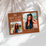 Best Is Yet To Come Terracotta Grad Photo Announcement<br><div class="desc">Modern and whimsical graduation announcement photo card featuring2 photos on the front and 1 on the back. The text says "The Best Is Yet To Come" with twinkling stars. Add the graduate's name,  information,  and message to personalize this card. Terracotta color.</div>
