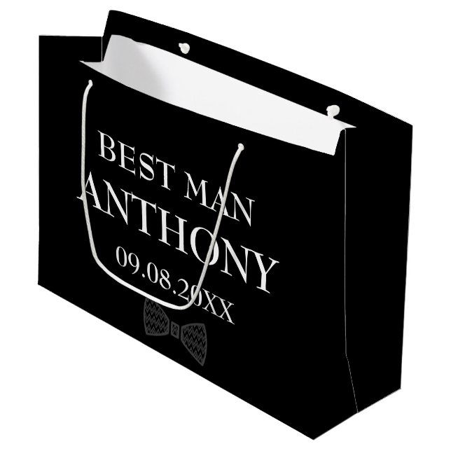 Best Man Black Elegant Modern Name Gifts Wedding Large Gift Bag (Front Angled)