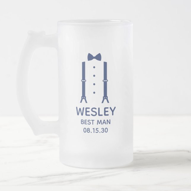 Best Man Blue Bow Tie Frosted Glass Beer Mug (Left)