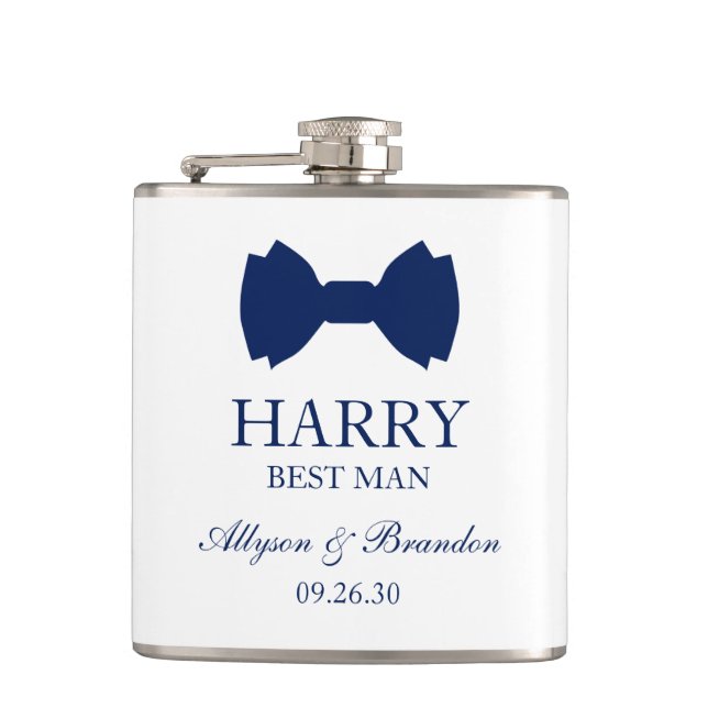 Best Man Blue Bow Tie Hip Flask (Front)