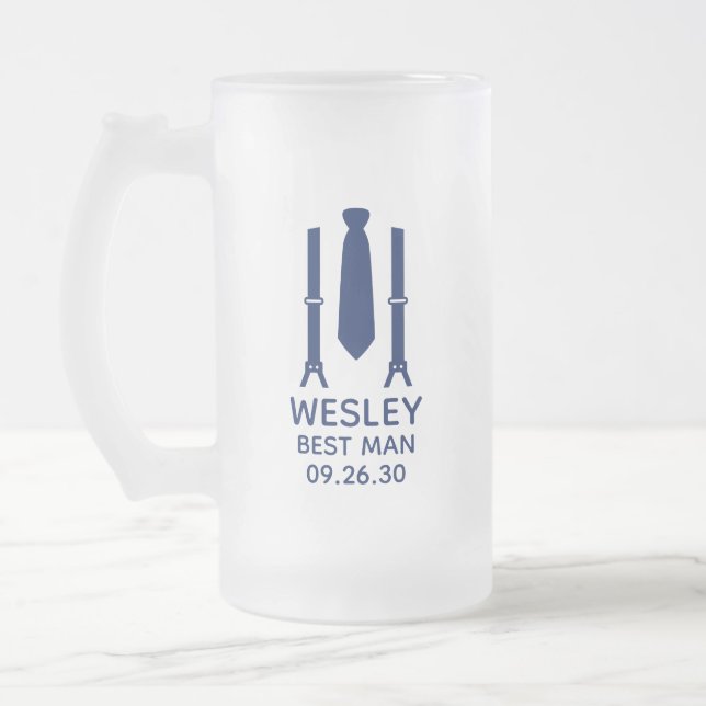 Best Man Blue Tie Frosted Glass Beer Mug (Left)