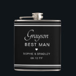 Best Man Custom Personalised Wedding Party  Hip Flask<br><div class="desc">Best Man Custom Personalised Name Wedding Party Flask features the Best Man's name with the bridal couple's names and wedding date accented with a small love heart. Custom made for the Best Man. Designed by ©2024 Evco Studio www.zazzle.com/store/evcostudio</div>
