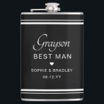 Best Man Custom Personalised Wedding Party  Hip Flask<br><div class="desc">Best Man Custom Personalised Name Wedding Party Flask features the Best Man's name with the bridal couple's names and wedding date accented with a small love heart. Custom made for the Best Man. Designed by ©2024 Evco Studio www.zazzle.com/store/evcostudio</div>