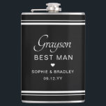 Best Man Custom Personalised Wedding Party  Hip Flask<br><div class="desc">Best Man Custom Personalised Name Wedding Party Flask features the Best Man's name with the bridal couple's names and wedding date accented with a small love heart. Custom made for the Best Man. Designed by ©2024 Evco Studio www.zazzle.com/store/evcostudio</div>