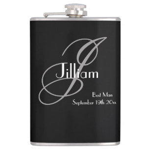 Best Man Gift Black White Script Elegant Monogram Hip Flask